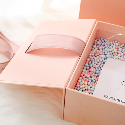 4C 6C Full Color Rigid Cardboard Box Pink Cosmetc Gift Box With Ribbon